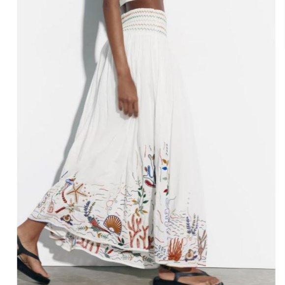 Zara Sea-Life Embroidered Long Cotton Skirt  Ecru XL - Picture 10 of 16
